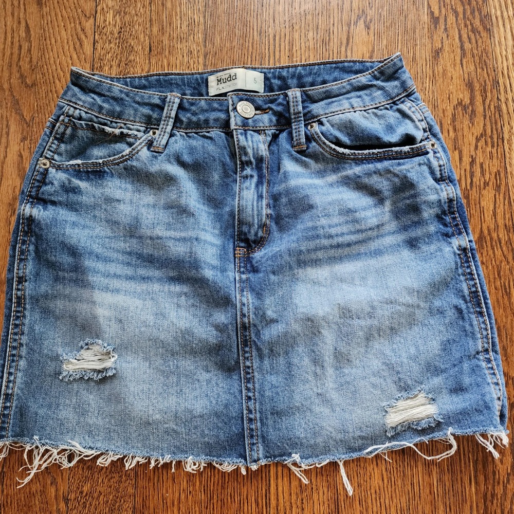 Mudd Jeans Denim Skirt Size 5 Blue Distressed Frayed Hem